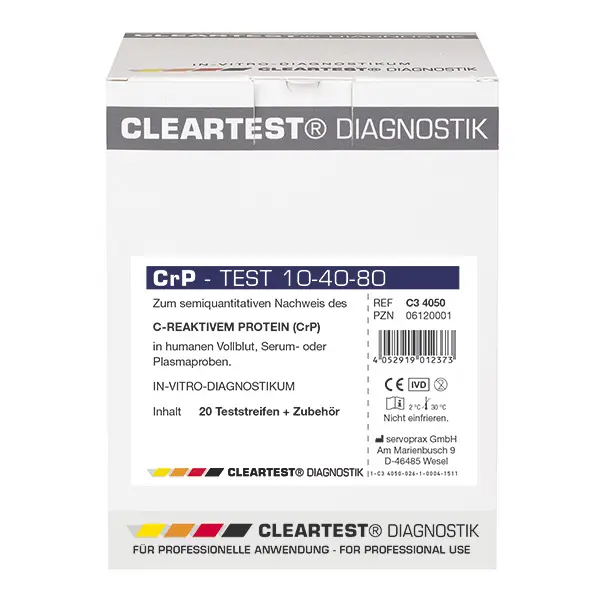 Cleartest C.R.P., 20 Stück, zur semiquantitativen Bestimmung von CrP in humanen Blut-, Serum- oder Plasmaproben